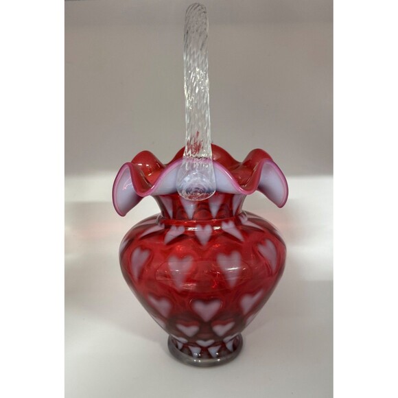 Fenton Cranberry Opalescent Heart Optic Basket - Picture 2 of 7